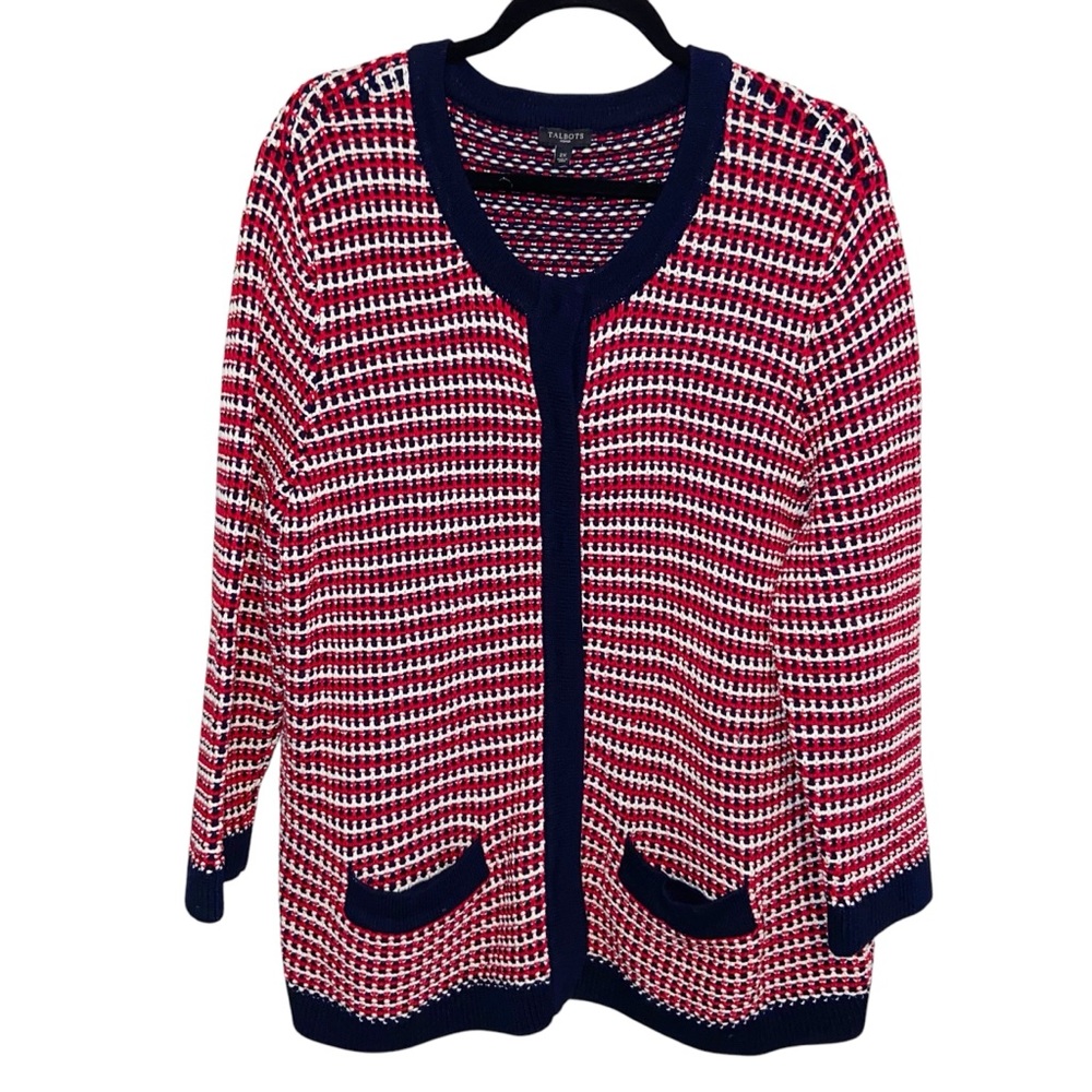 Talbots Sweater Womens Plus Size 2X Red White Blue Snap Cardigan Preppy Coastal